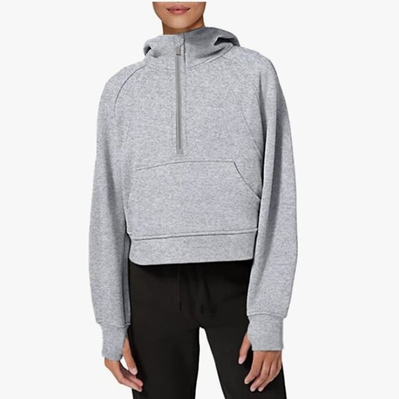 Half Zipper Hoodie Fleece Lined Hooded Sweatshirts Long Sleeve Crop Top - Picture 2 of 9